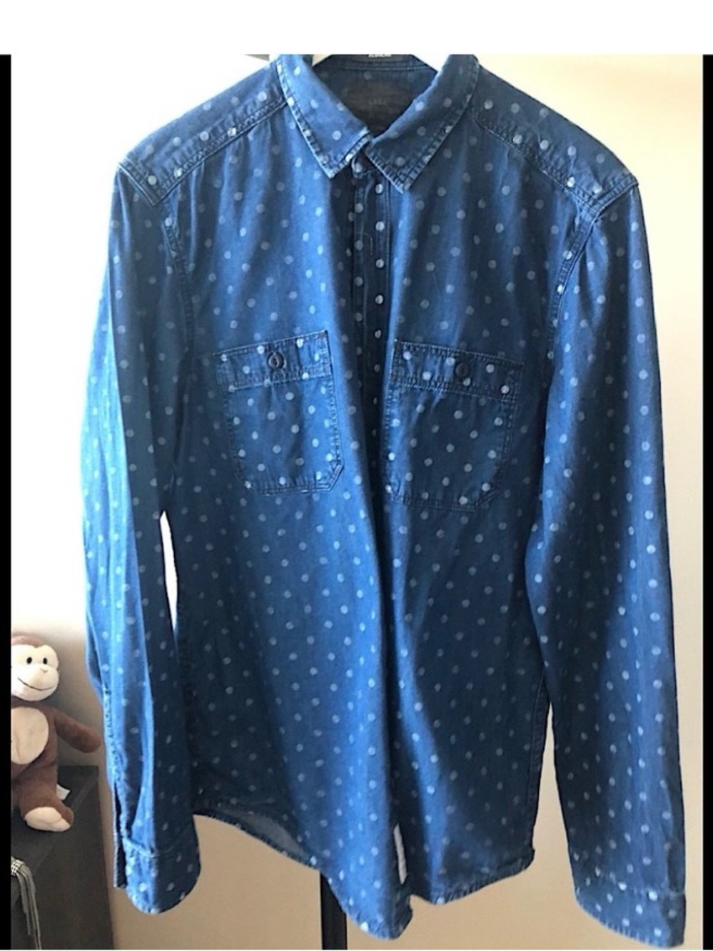 Men's Blue Polka Dot Denim Button-Down Shirt in Excellent Condition